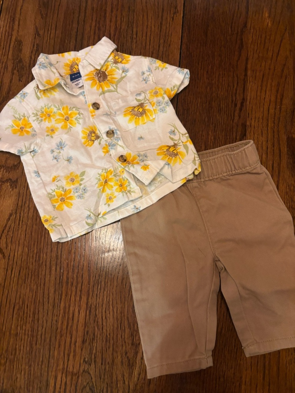 Spring yellow and blue Linen floral button down and khaki pants set